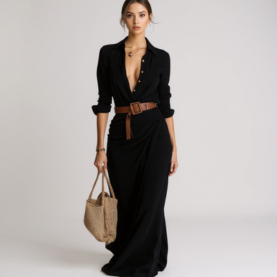 Matilda – Long Maxi Dress with Lapel Collar and Belt