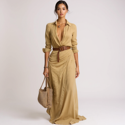 Matilda – Long Maxi Dress with Lapel Collar and Belt